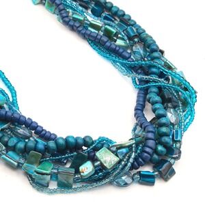 Blue Teal Multi‎ Strand Statement Necklace Shell Wood Glass Beaded Boho